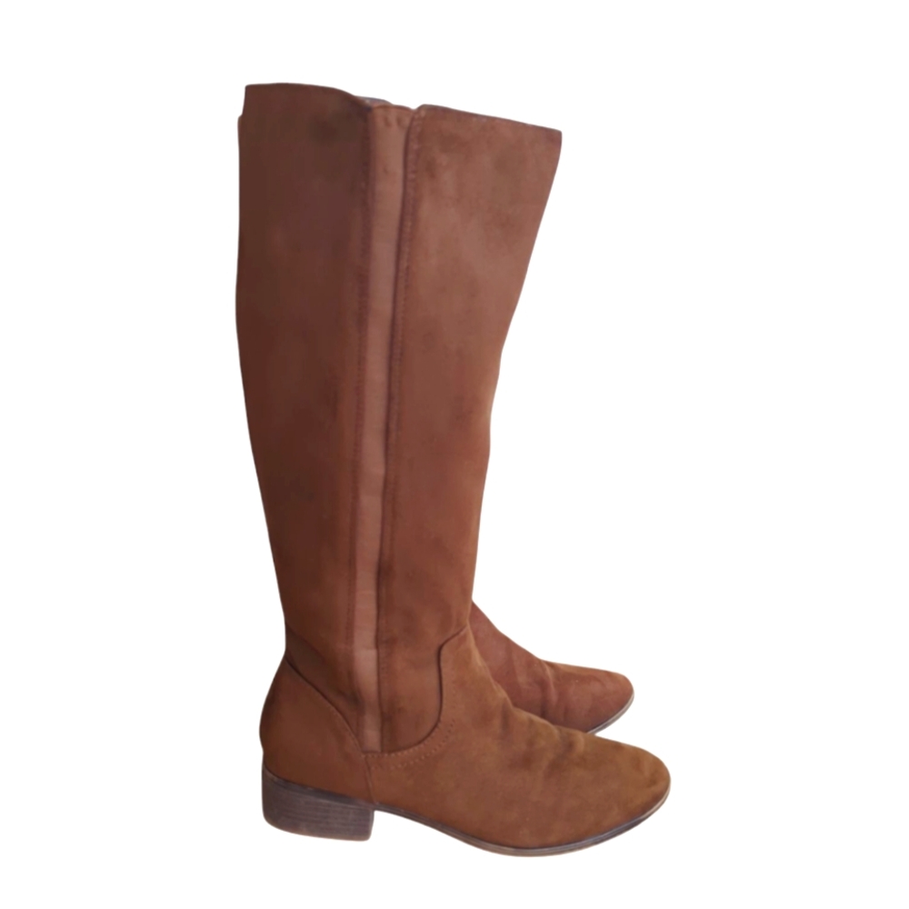 Time and Tru Faux Suede Tall Block Heel Boots 9 Brown Stretch Gore - Picture 3 of 14